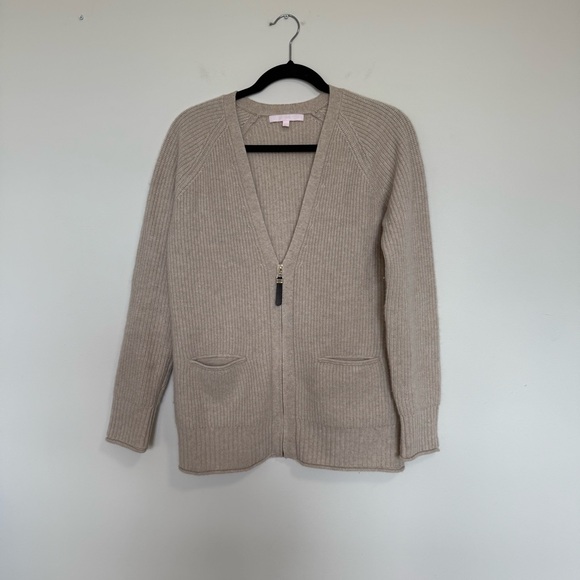 The Cashmere Project V-Neck Cardigan with Zipper Tan Front Small - Picture 1 of 7